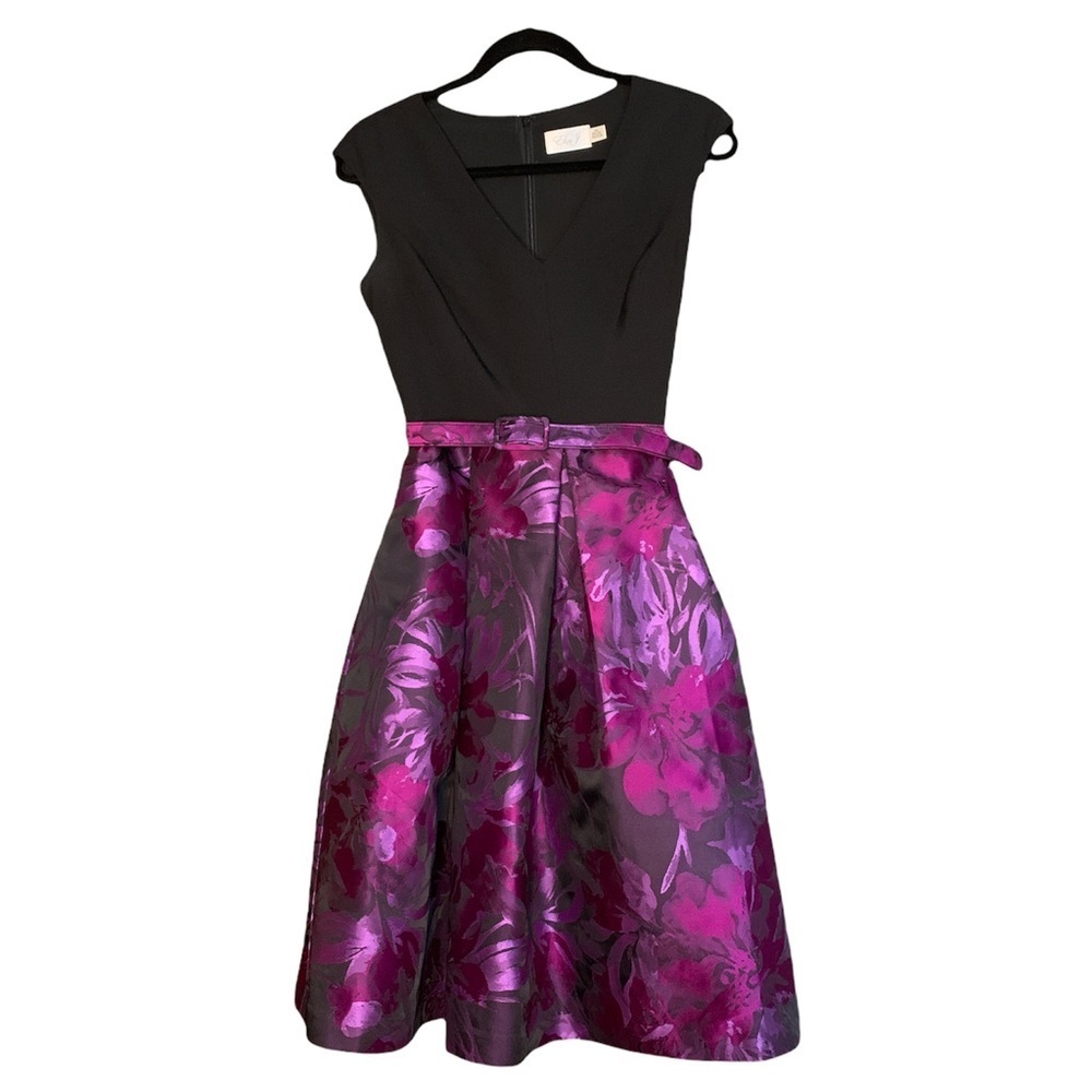 Eliza J Fit and Flare Dress with Pink Floral Jacquard Skirt‎